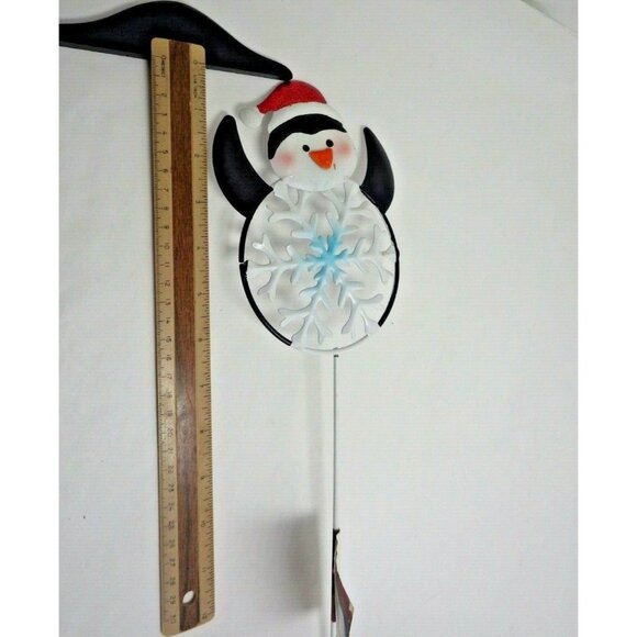 Penguin Snowflake Garden Stake Lawn Ornament Santa Hat Metal Holiday Yard Decor - Picture 4 of 5